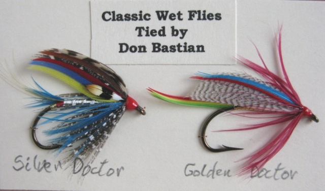 Silver Doctor and Golden Doctor - Mustad #2 vintage 3906 wet fly hooks. Tied and photographed by Don Bastian.